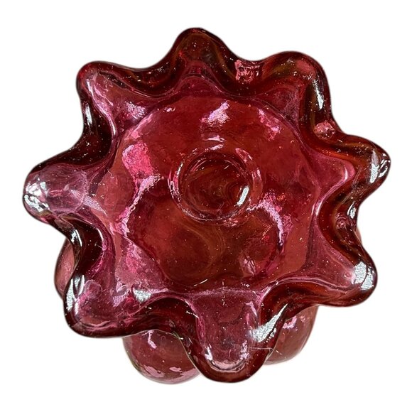 Vntg Cranberry Art Glass Pitcher Vase Clear Handle Vessel Decanter Carafe Flask - Picture 6 of 7